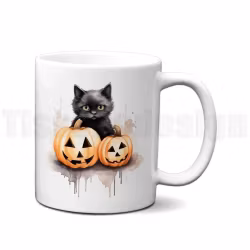 Mugg – Halloweenmotiv med katt, spöke och pumpor