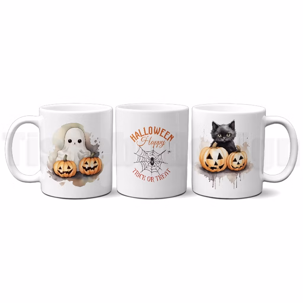 Tre vita Halloweenmuggar med motiv av svart katt, spöke och pumpor samt texten Happy Halloween Trick or Treat i mitten