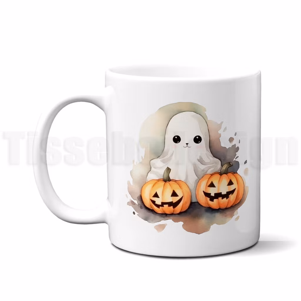 Vit mugg med gulligt spöke mellan två pumpor i akvarellstil – Halloweenmotiv i mjuka färger