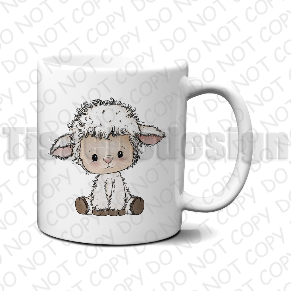 Mugg med sittande lamm i illustrerad stil