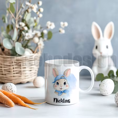 Påskmugg Med Påskkanin I Blått Med Namn – 330 ml