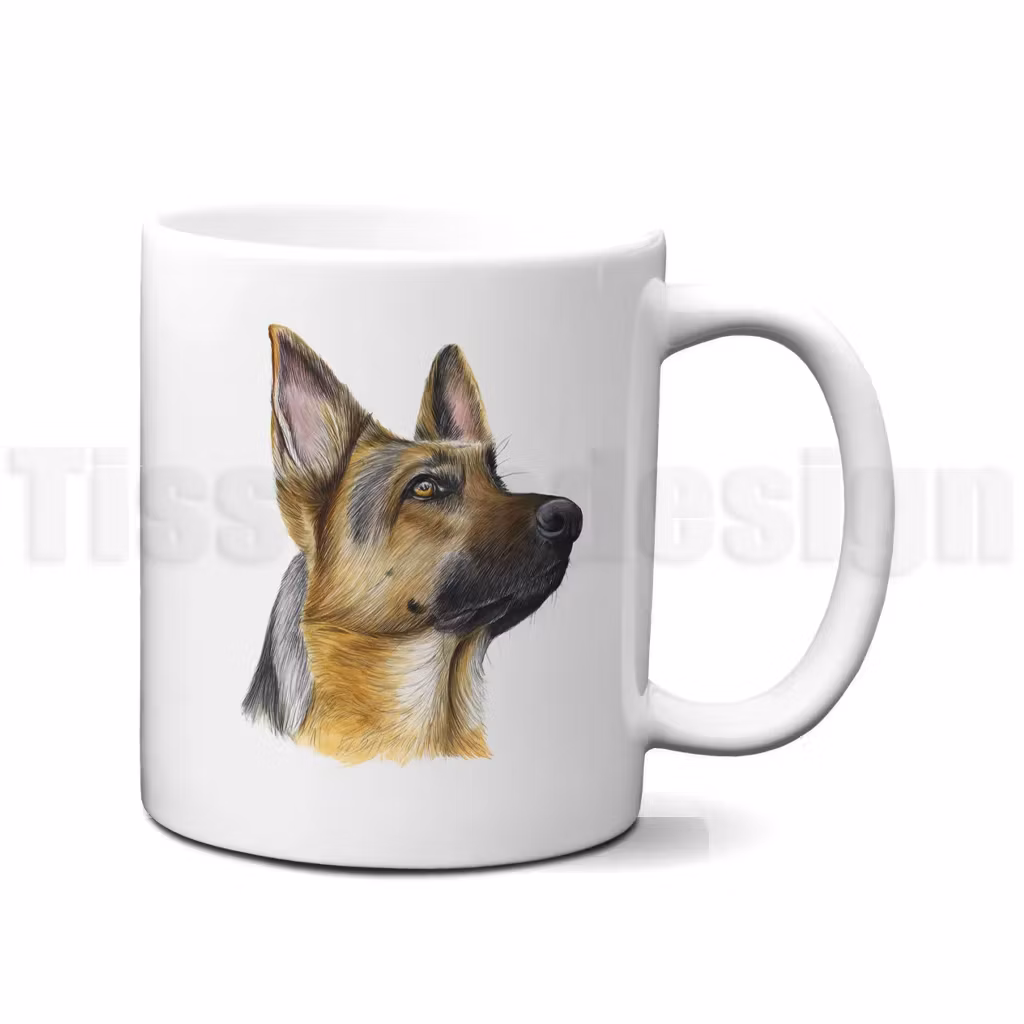 Mugg med naturtrogen illustration av schäferhuvud