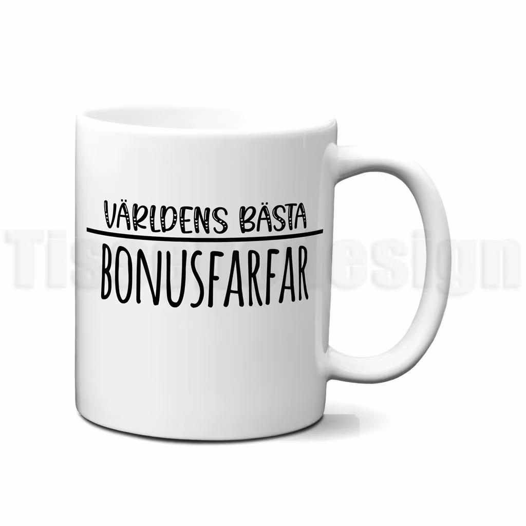 Vit mugg med svart text Världens bästa bonusfarfar