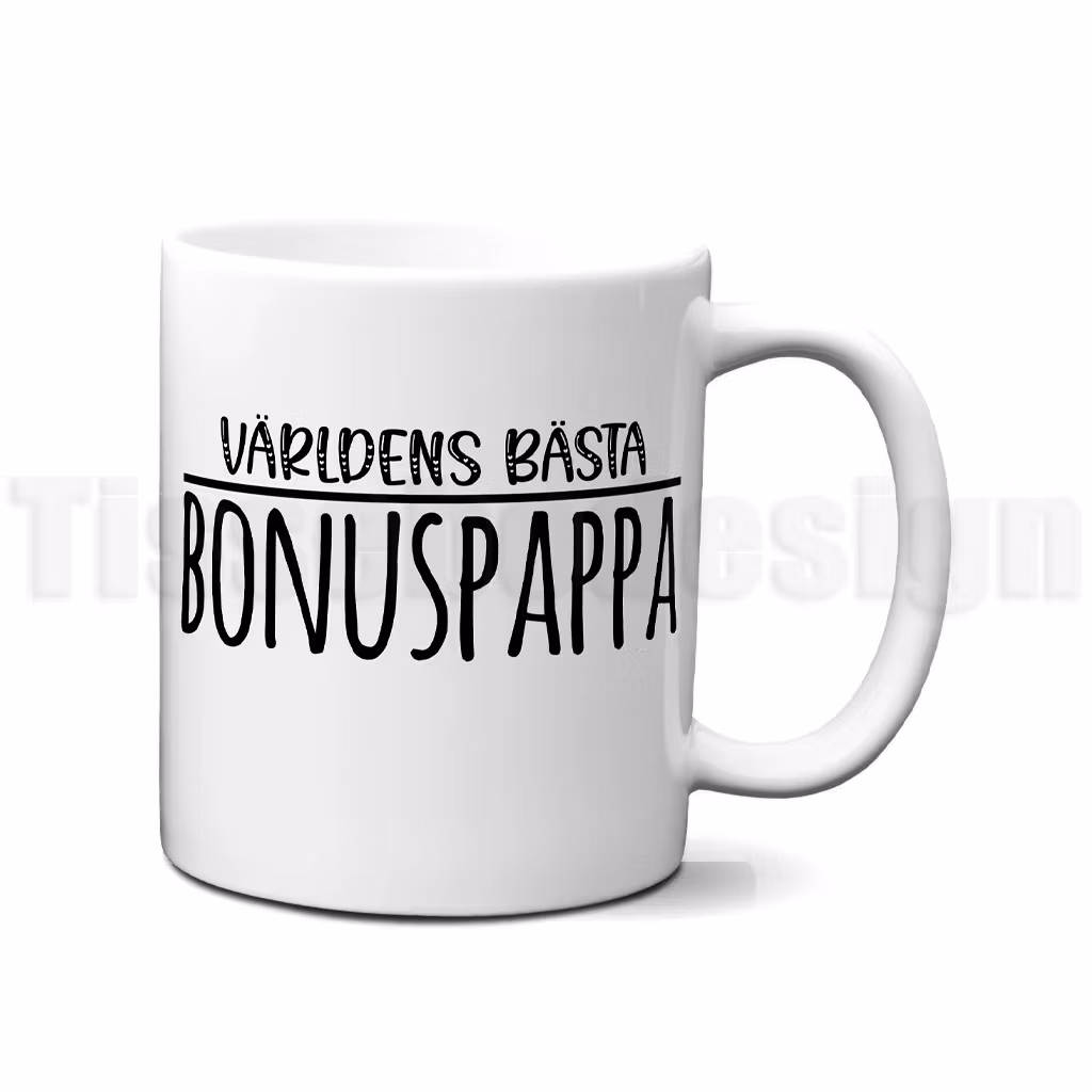 Vit mugg med svart text Världens bästa bonuspappa