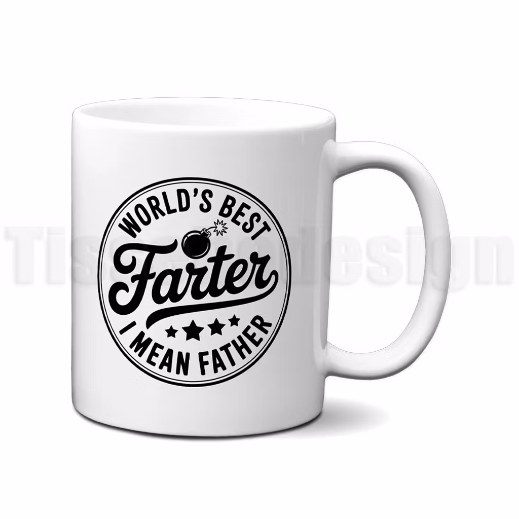 Vit mugg med svart cirkelformad text World’s Best Farter I Mean Father i humoristisk design