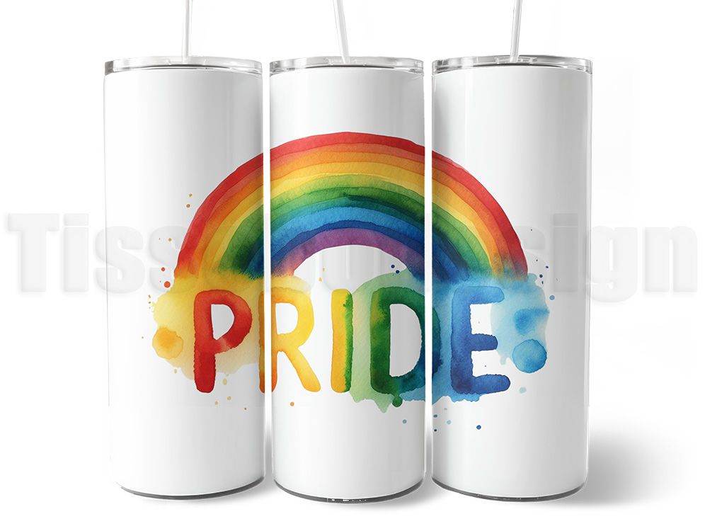 Vit rostfri termomugg med färgglad Pride-regnbågsdesign och PRIDE-text, idealisk för både varma och kalla drycker.