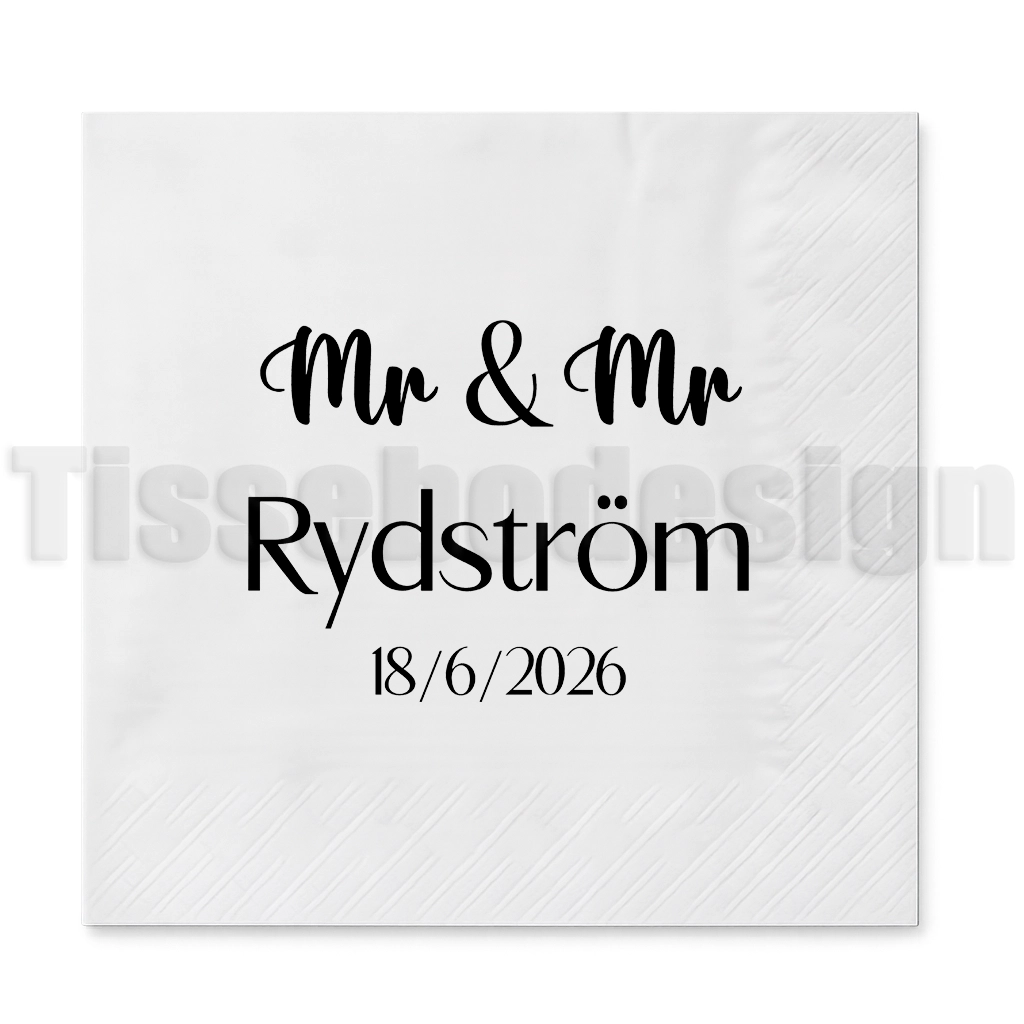 Middagsservett bröllop Mr & Mrs, Mr & Mr eller Mrs & Mrs med egen text