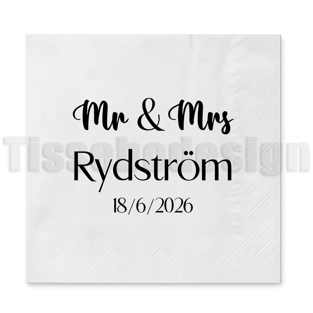 Servett med texten Mr & Mrs, efternamn och datum för bröllop