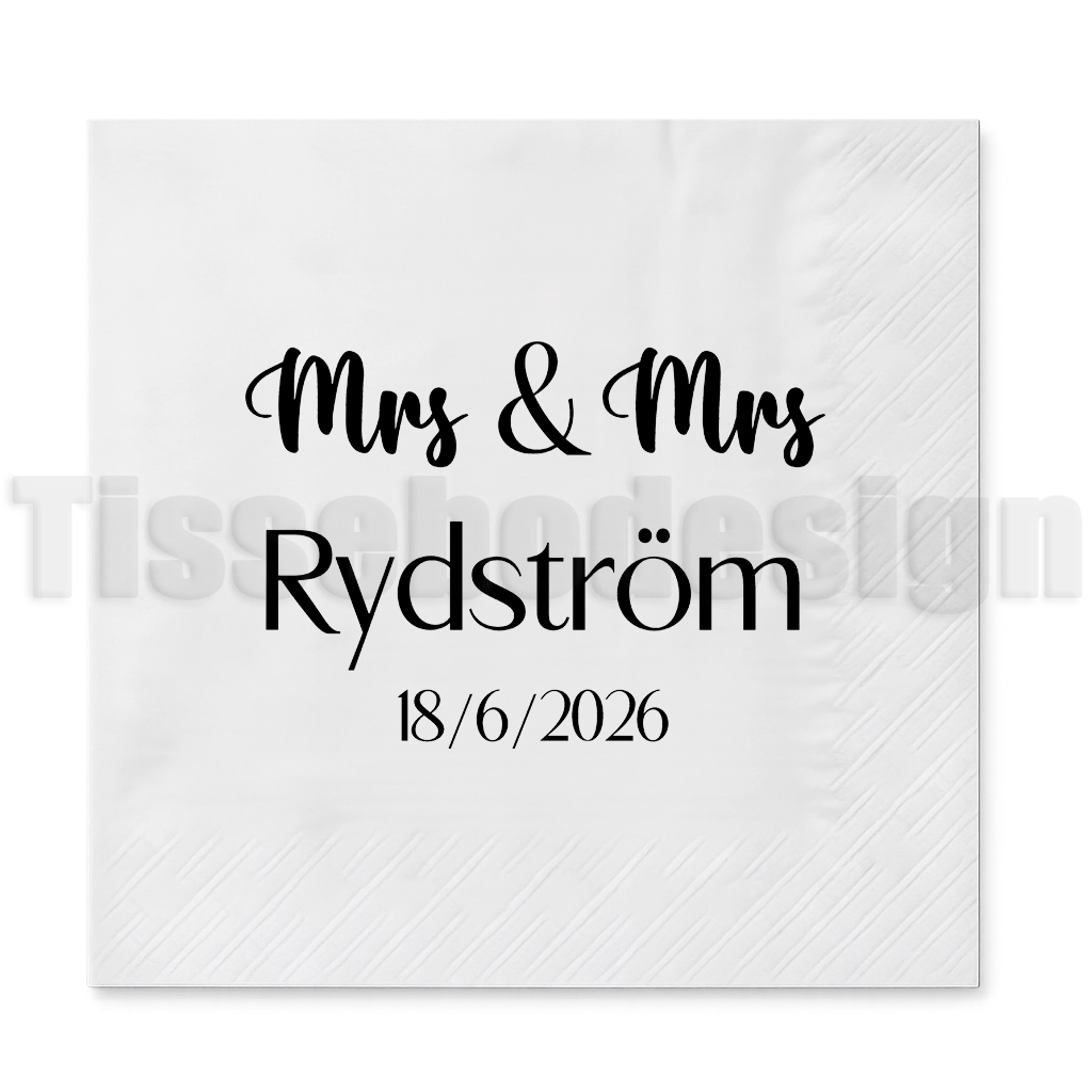 Servett med texten Mrs & Mrs, efternamn och datum för bröllop