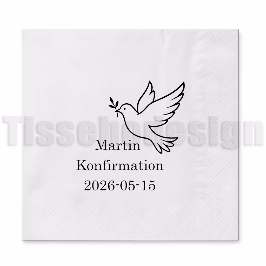 Servett med duva, olivkvist, namn och datum för konfirmation