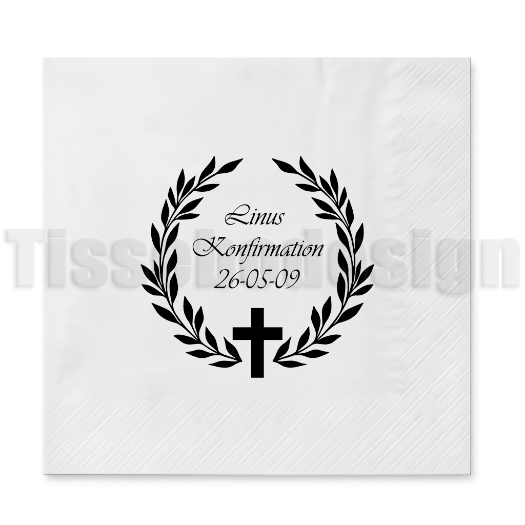 Servett med lagerkrans, kors och personlig text för konfirmation
