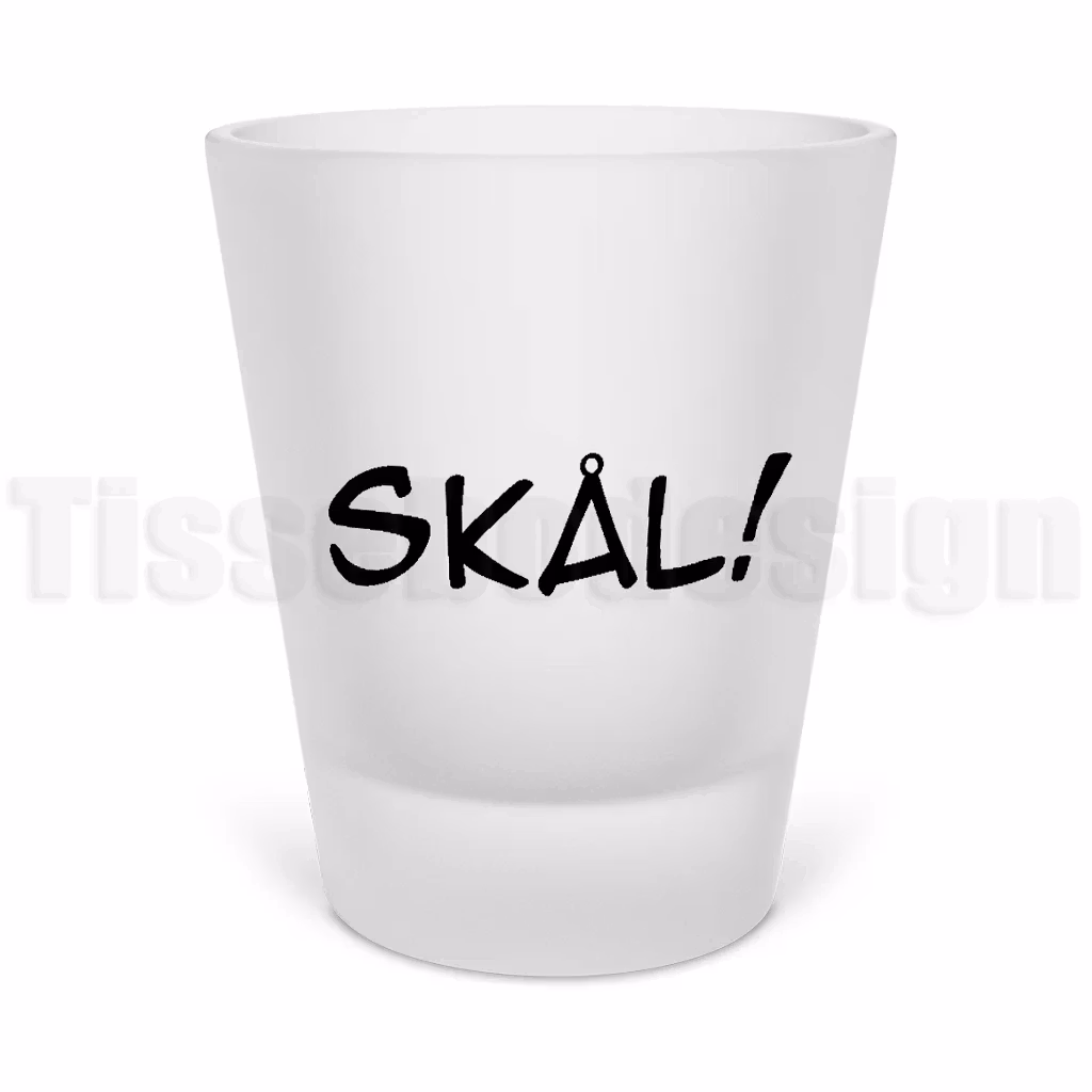Snapsglas med texten SKÅL! – visas i frostat glas med enkel typografi
