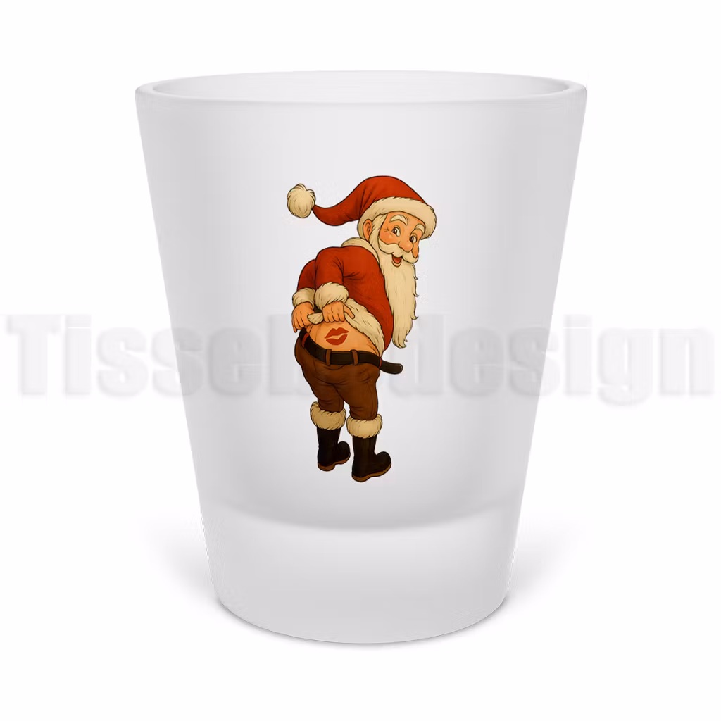 Tomte med humoristiskt motiv på snapsglas