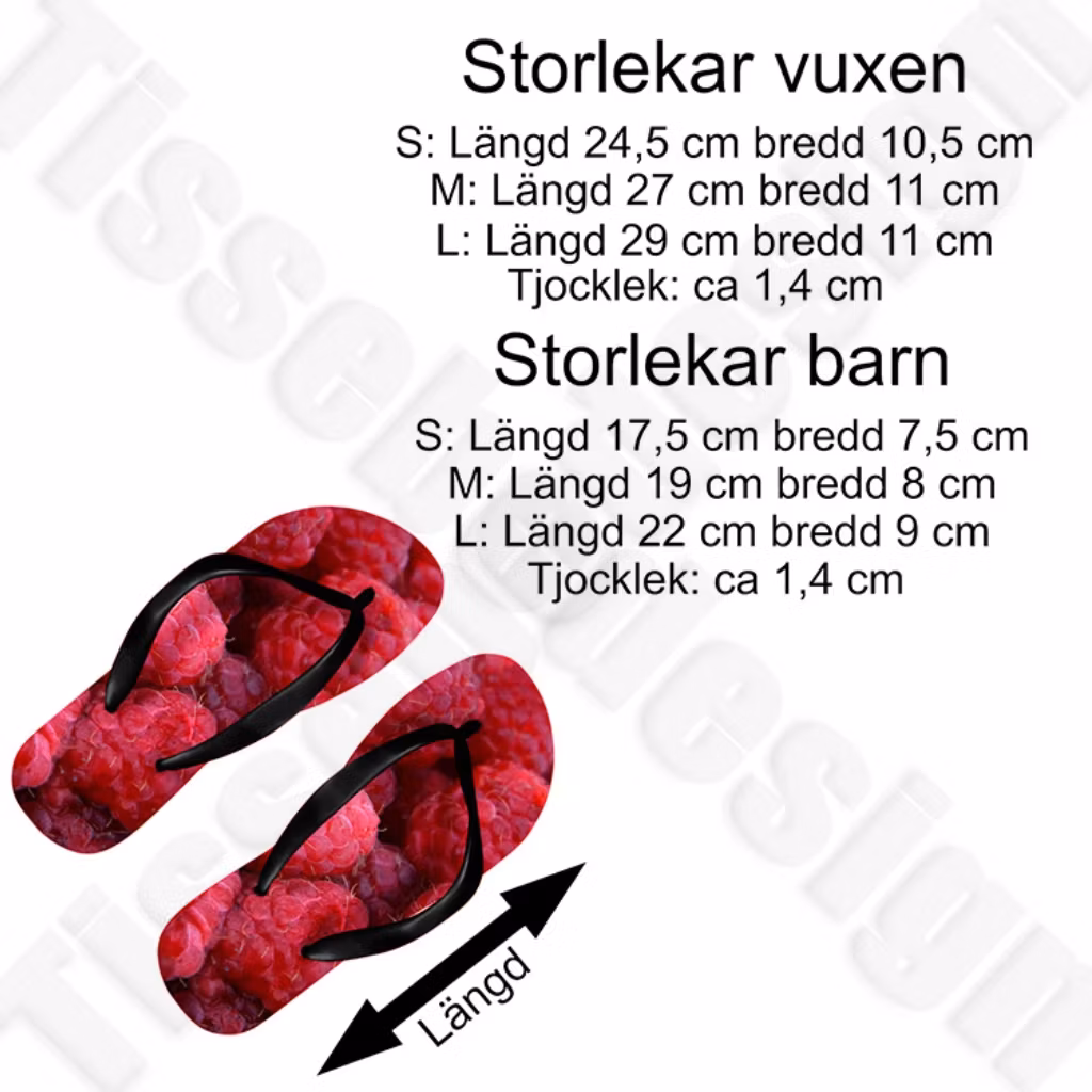 Vuxenstorlekar och barnstorlekar för flip-flops med design, inklusive mått (längd och bredd) för varje storlek samt tjocklek på sulan.