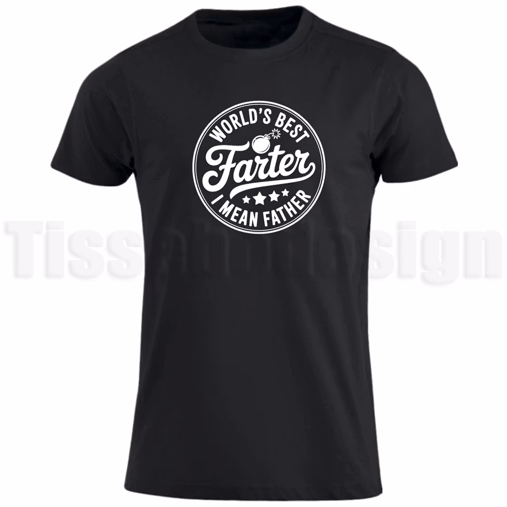 Svart T-shirt med vit cirkelformad text World’s Best Farter I Mean Father i humoristisk design