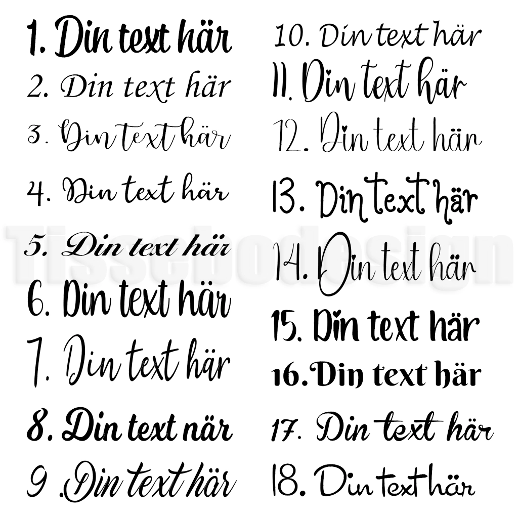 Typsnitt 1 till 18 för vinyltryck på textilier