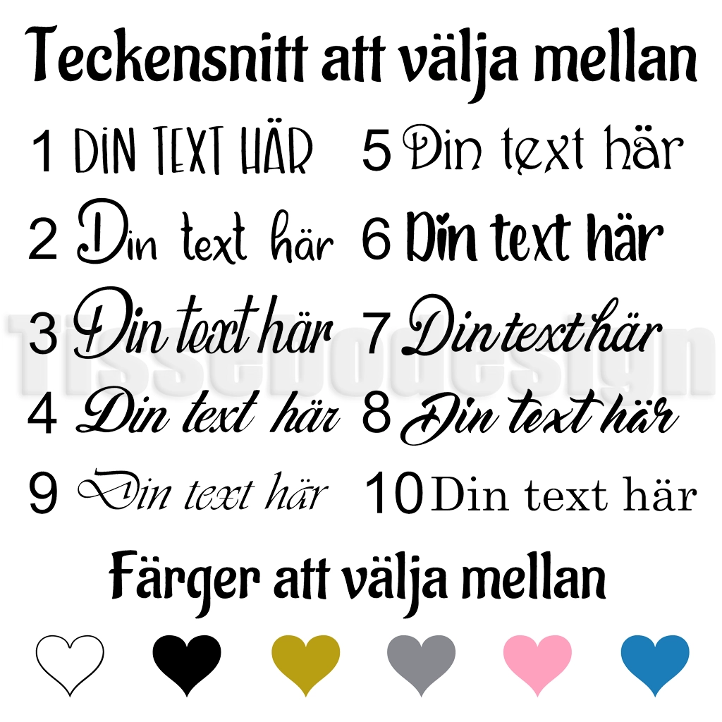Översikt med 10 typsnittsalternativ för anpassad textdesign samt färgval