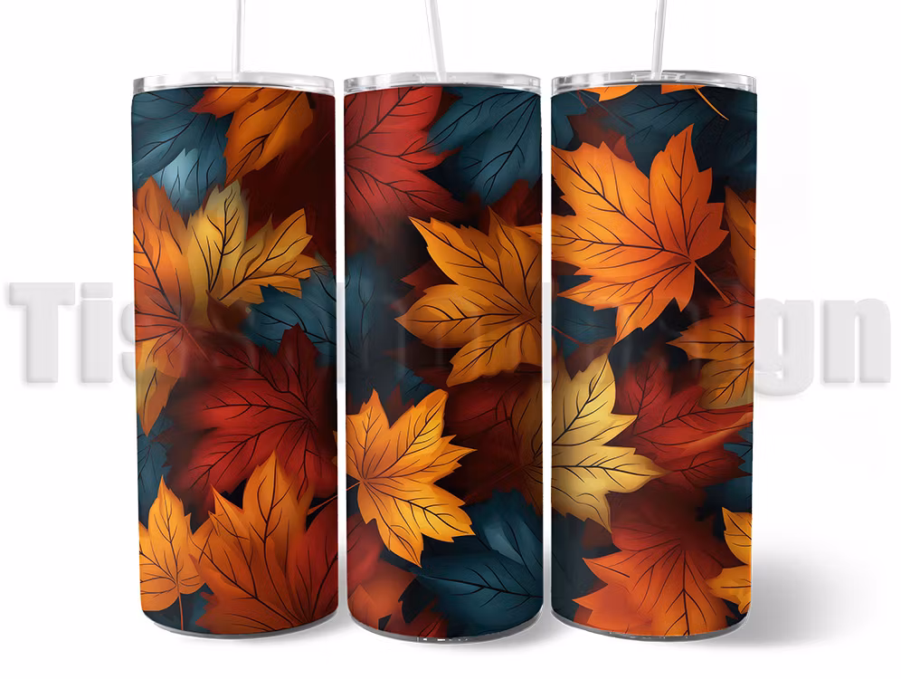Tumbler - termomugg med ett vackert motiv av färgglada höstlöv i olika toner, isolerad för varma och kalla drycker, med sugrör och rengöringsborste.