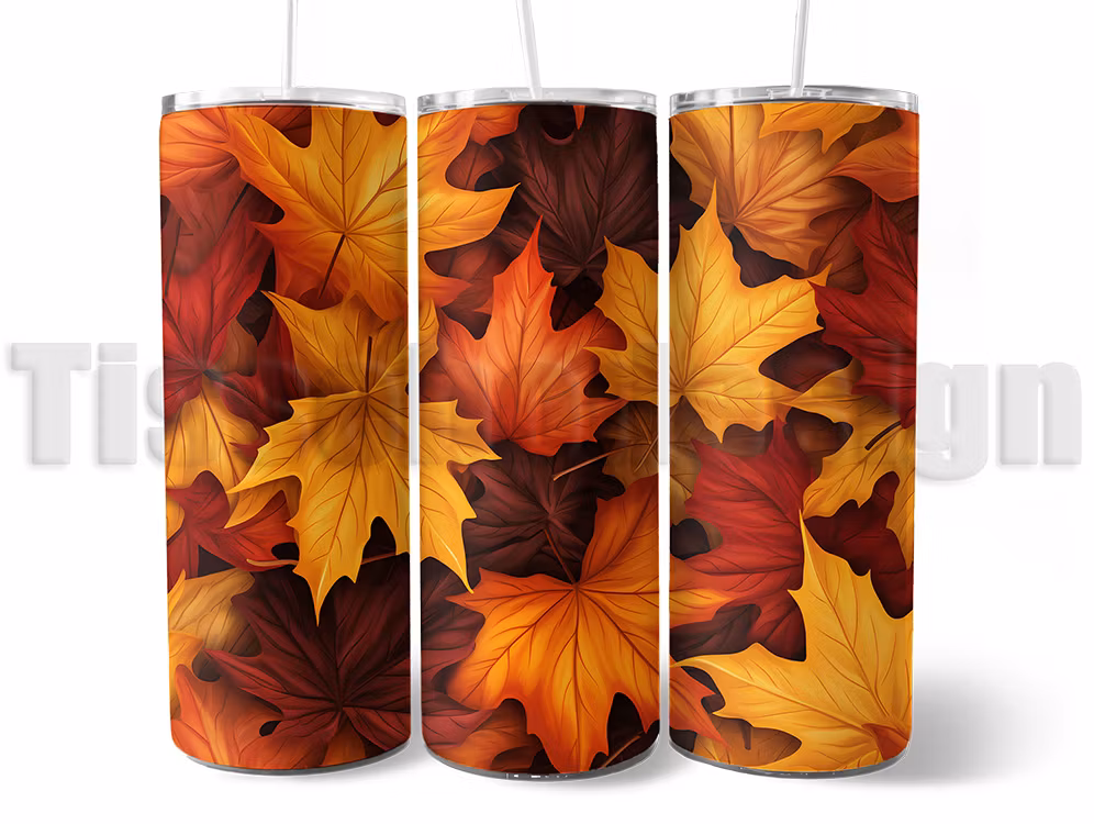 Tumbler - termomugg med ett vackert motiv av färgglada höstlöv i varma toner, isolerad för varma och kalla drycker, med sugrör och rengöringsborste.