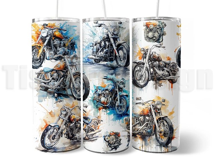 Vit 20 oz (ca 600 ml) tumbler med motorcykelmotiv i akvarellstil – flera hojar i färg och action. Termosmugg för bikers och MC-älskare.