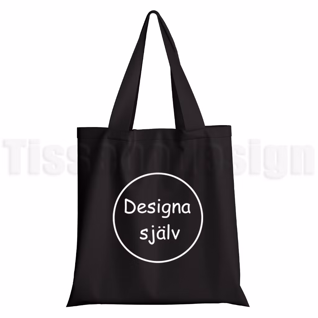 Svart tygväska för egen design – exempelbild med designmarkering