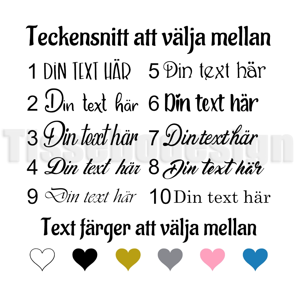 Översikt med 10 typsnittsalternativ och färgval för text till personlig servett