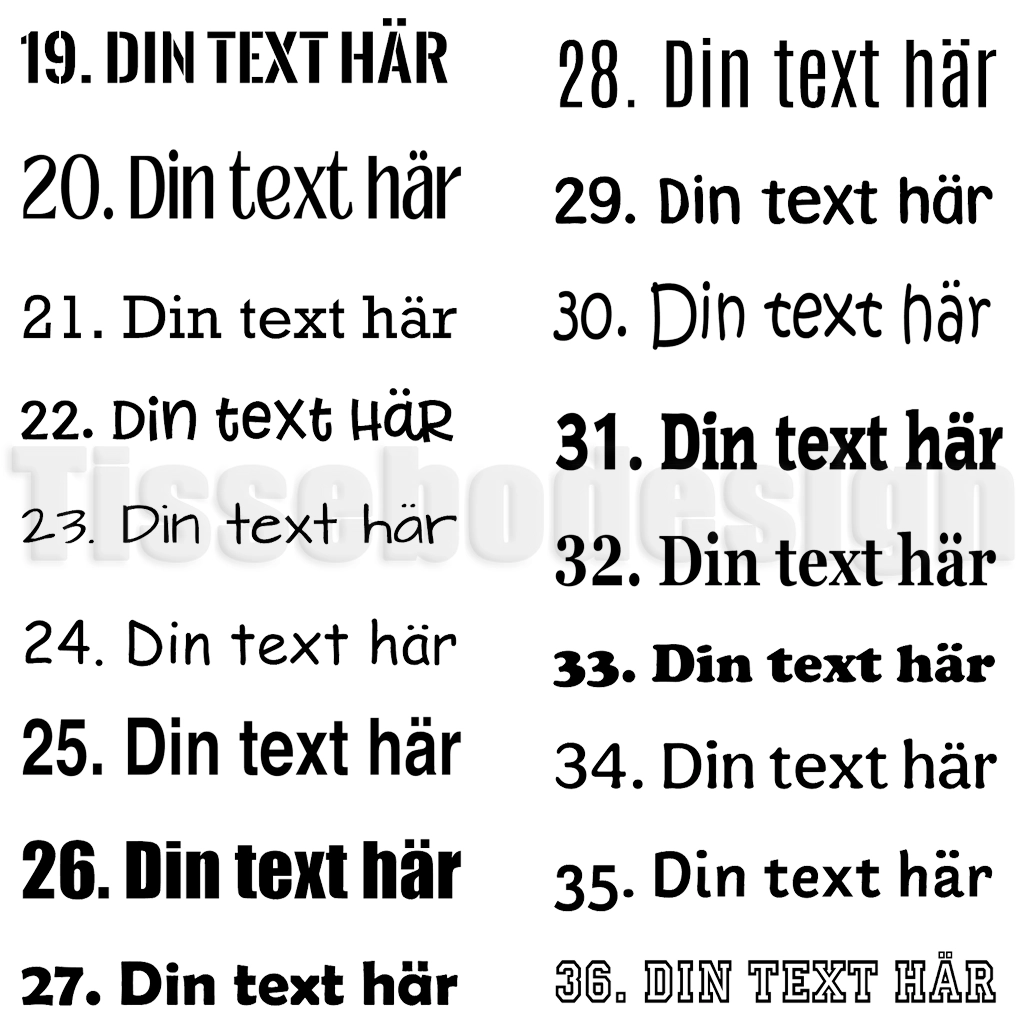 Typsnitt 19–36 för skyltvinyl och personlig vinyltext