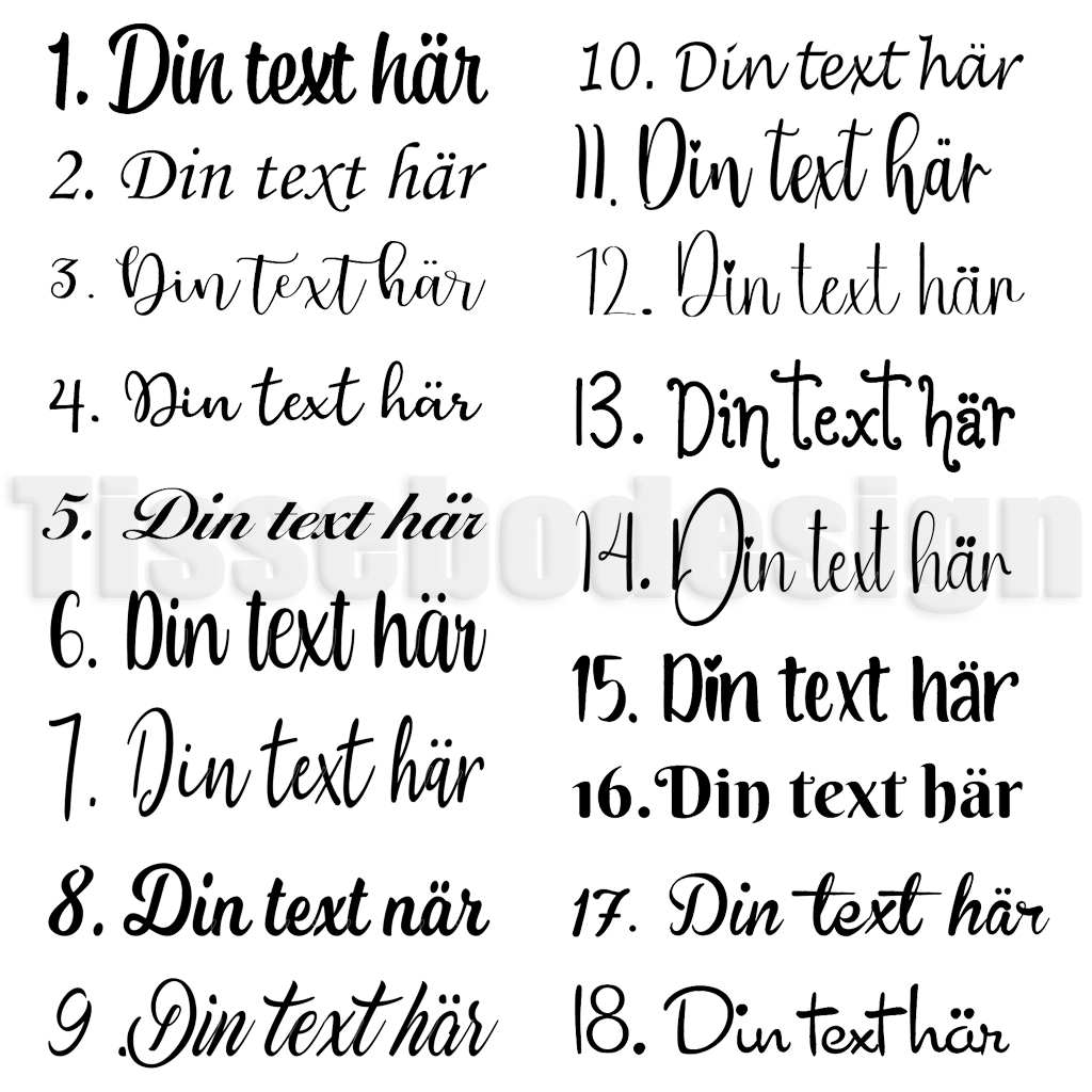 Översikt med typsnitt 1–18 för personlig text på förkläde