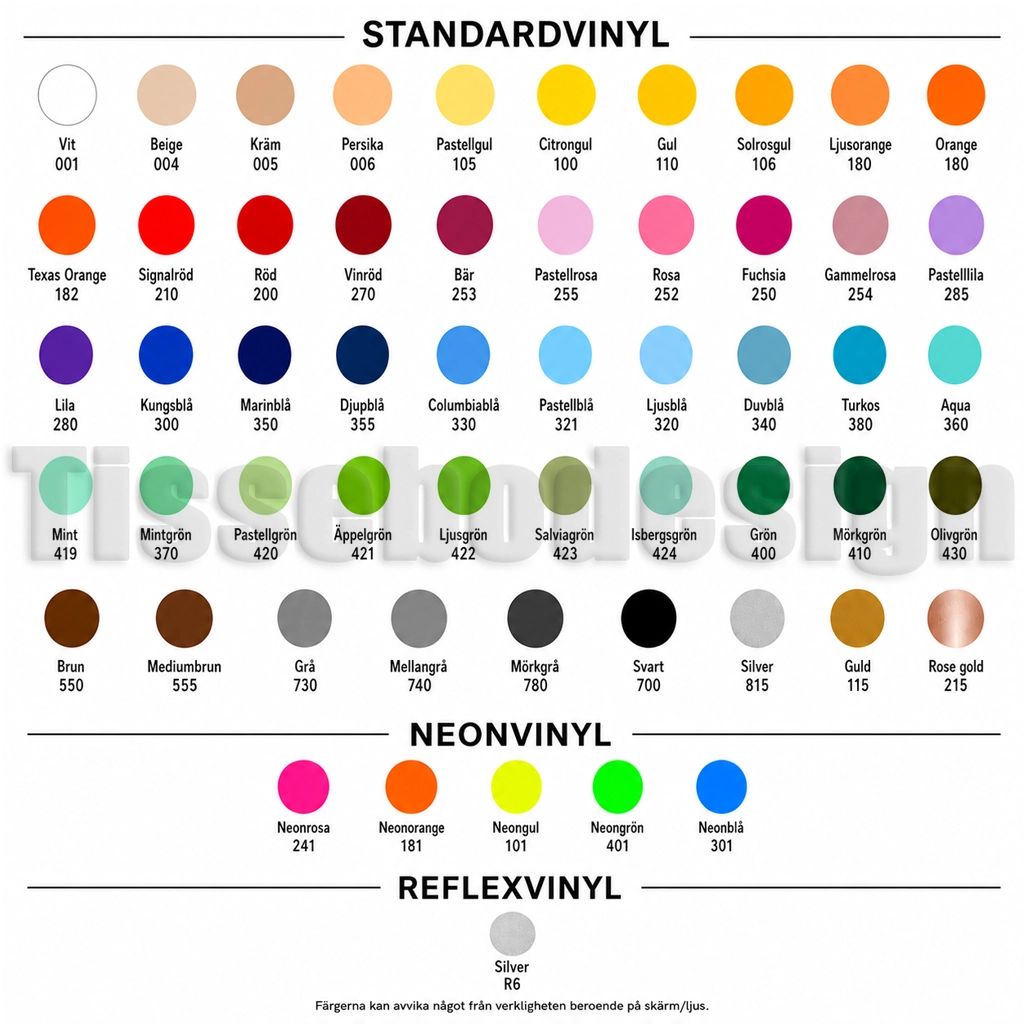 Översikt med standardvinyl, neonvinyl och reflexvinyl för personlig text på förkläde