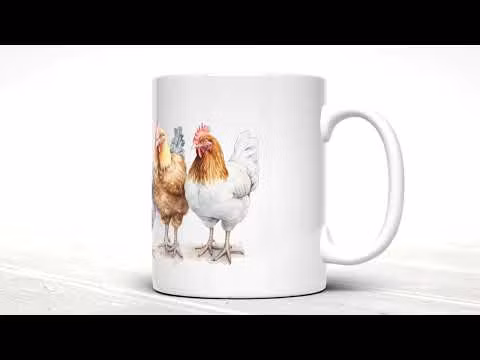 En hel vitt mugg med med trycket höns på parad.