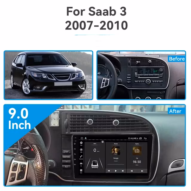 9" android 13, bilstereo Saab 9-3(2007---2014) gps wifi carplay android auto blåtand rds Dsp RAM: 3GB, ROM: 32GB,4G LTE