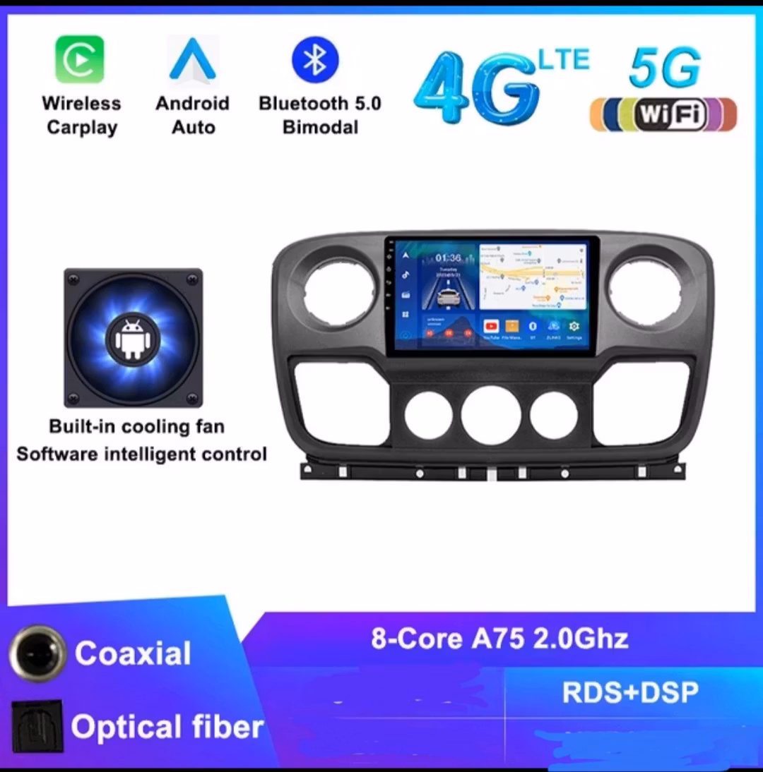 10.1" android 14  bilstereo  Opel Movano (2010--2021) gps wifi carplay android auto blåtand rds Dsp  Rom:256GB  Ram:8GB,4G LTE