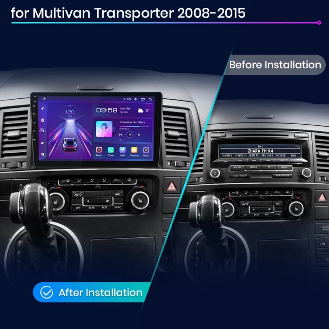 9"android 13, bilstereo VW T5 Transporter  Multivan ( 2008-2015) gps wifi carplay android auto blåtand rds Dsp RAM: 6GB  ROM: 128GB, 4G LTE