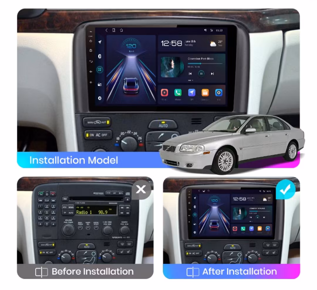 9"android 13, bilstereo volvo S80( 1998--2006) gps wifi carplay android auto blåtand rds Dsp RAM: 8GB, ROM: 256GB, 4G LTE + gratis backkamera
