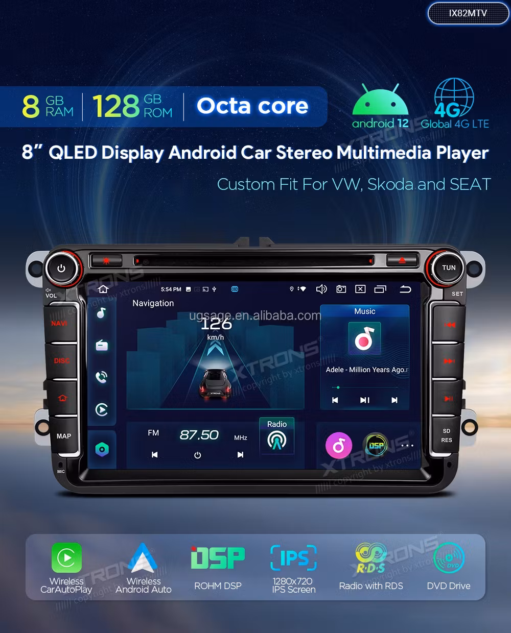 8"android 14, bilstereo dvd-spelare  seat bilar( 2004---2015) gps wifi carplay android auto blåtand rds Dsp RAM: 8GB, ROM: 128GB, 4G LTE