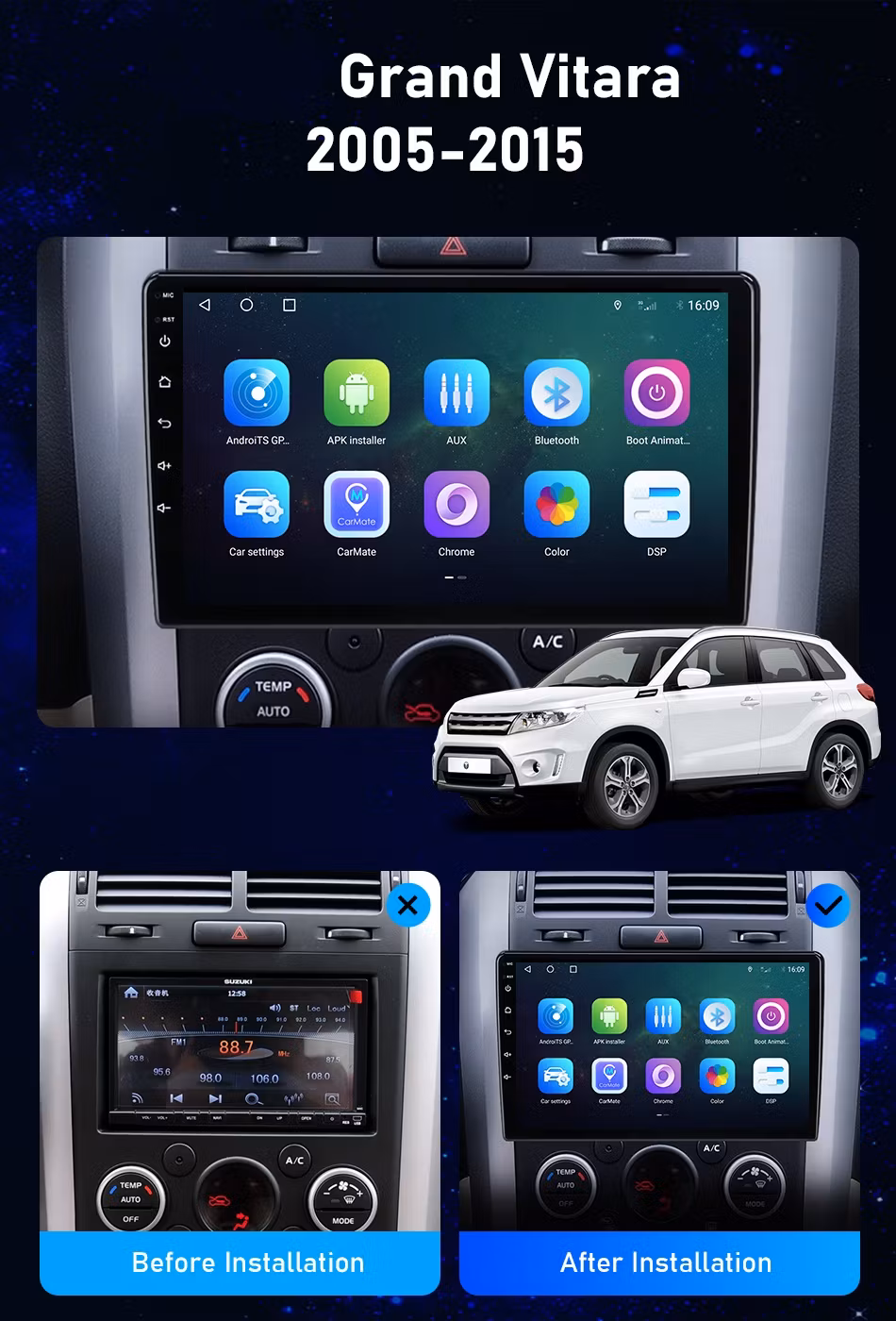 9"android 13", bilstereo  Suzuki Vitara( 2005--2015) gps wifi carplay android auto blåtand rds Dsp RAM:6GB  Rom:128GB, 4G LTE,ADAS  dashkamera