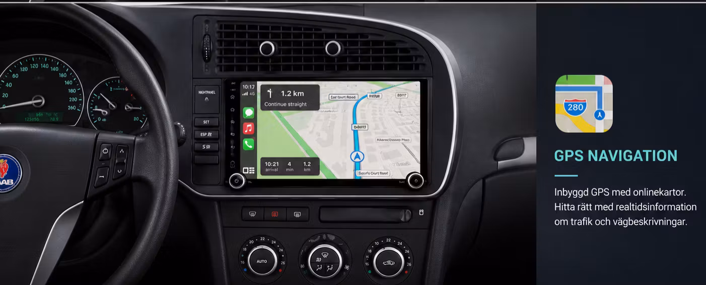 Android 15 Bilstereo Saab 9-3 2007–2014 7” | 6GB/128GB, CarPlay, Android Auto, GPS, 4G, DSP + 360° Kamerasystem