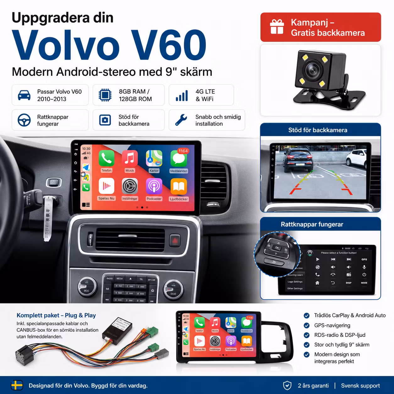 Kopia 9" Android 14 Bilstereo Volvo V60 (2010–2013) – 4G LTE, GPS, Trådlös CarPlay & Android Auto, WiFi, RDS, DSP | 8GB RAM + 128GB ROM | Gratis Backkamera