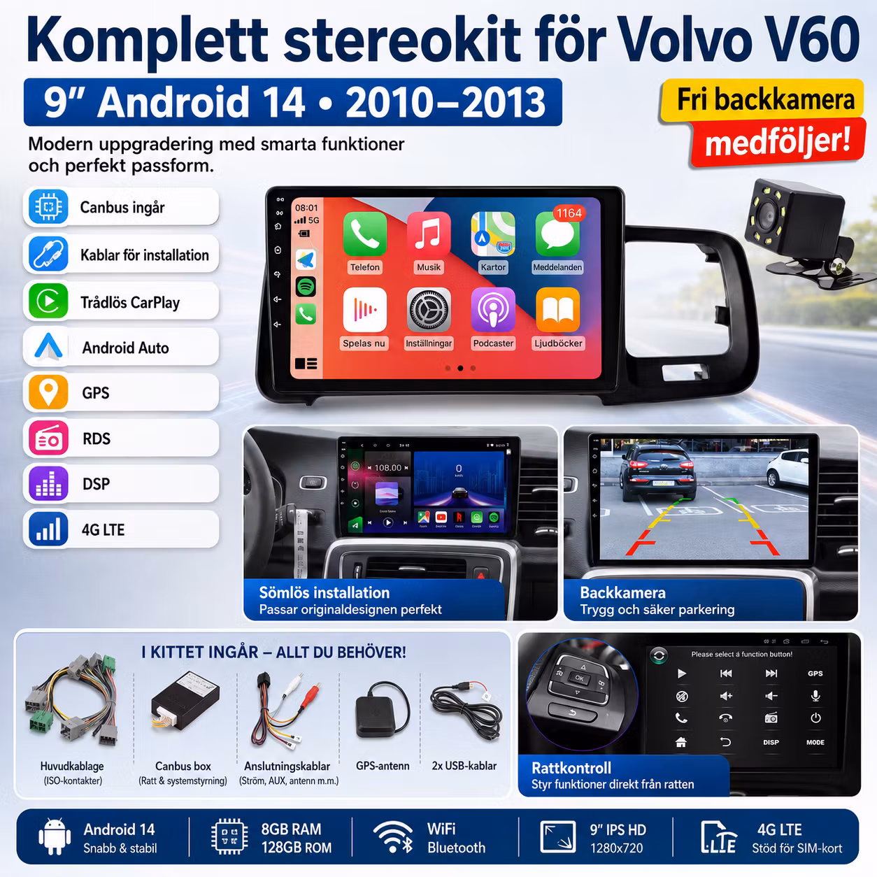 Kopia 9" Android 14 Bilstereo Volvo V60 (2010–2013) – 4G LTE, GPS, Trådlös CarPlay & Android Auto, WiFi, RDS, DSP | 8GB RAM + 128GB ROM | Gratis Backkamera