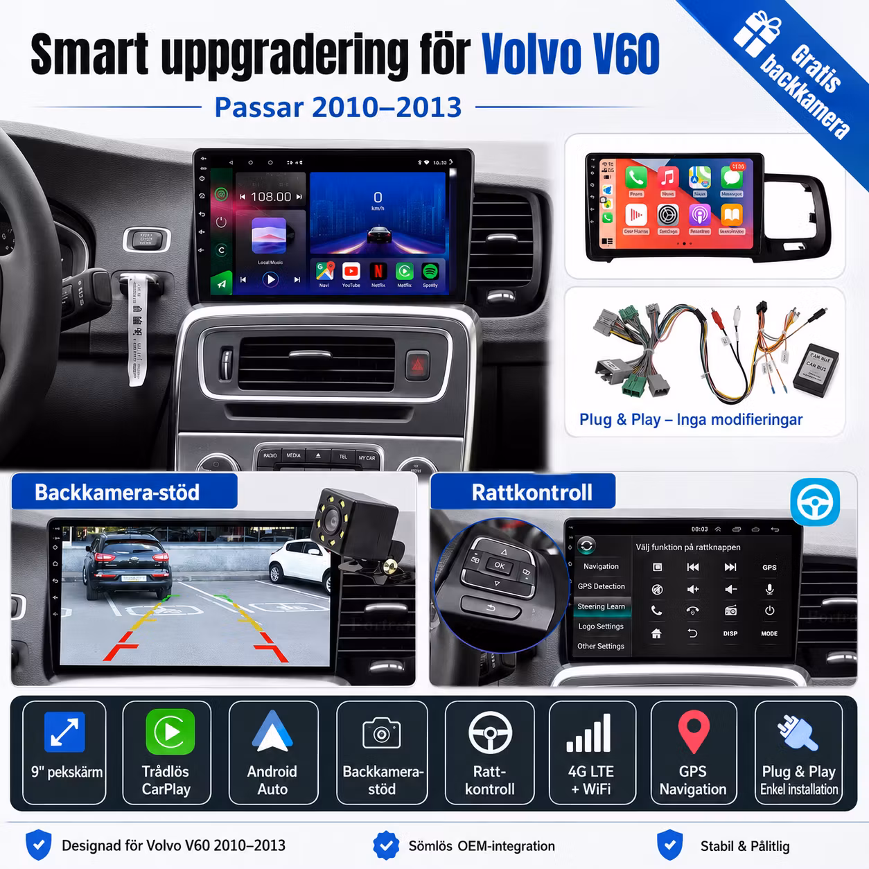 Kopia 9" Android 14 Bilstereo Volvo V60 (2010–2013) – 4G LTE, GPS, Trådlös CarPlay & Android Auto, WiFi, RDS, DSP | 8GB RAM + 128GB ROM | Gratis Backkamera