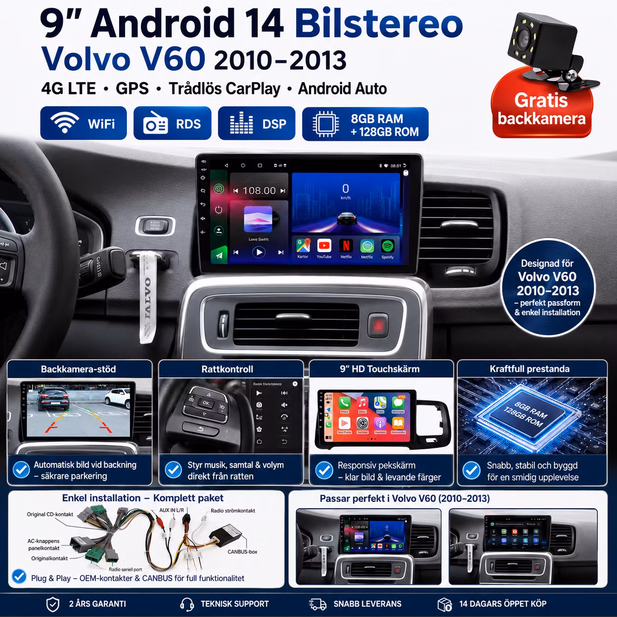 Kopia 9" Android 14 Bilstereo Volvo V60 (2010–2013) – 4G LTE, GPS, Trådlös CarPlay & Android Auto, WiFi, RDS, DSP | 8GB RAM + 128GB ROM | Gratis Backkamera