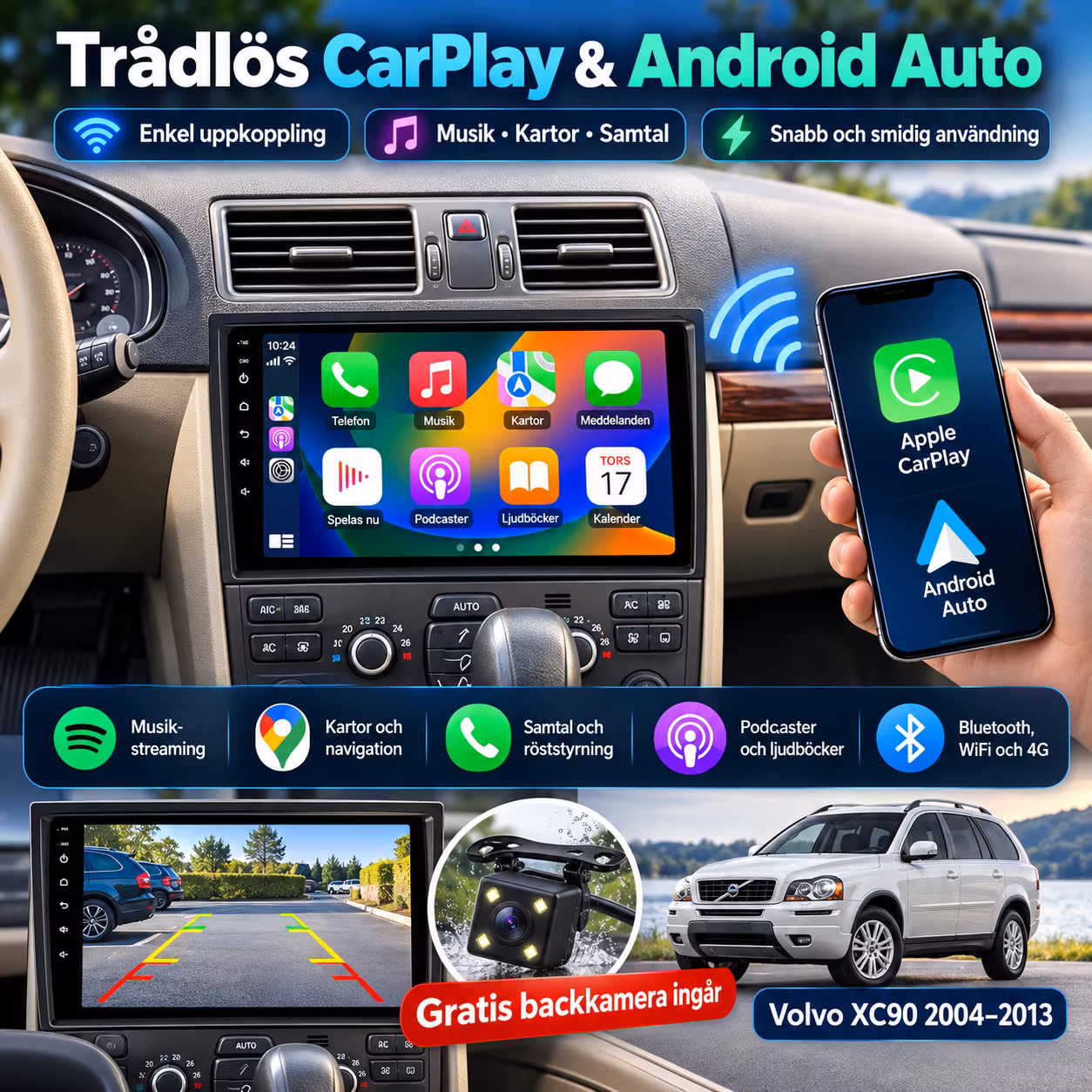 9,5" Android 15 Bilstereo Volvo XC90 (2004–2013) – 4G LTE, GPS, CarPlay & Android Auto, WiFi, Bluetooth, RDS, DSP | 8GB RAM + 128GB ROM | 4G, Gratis Backkamera