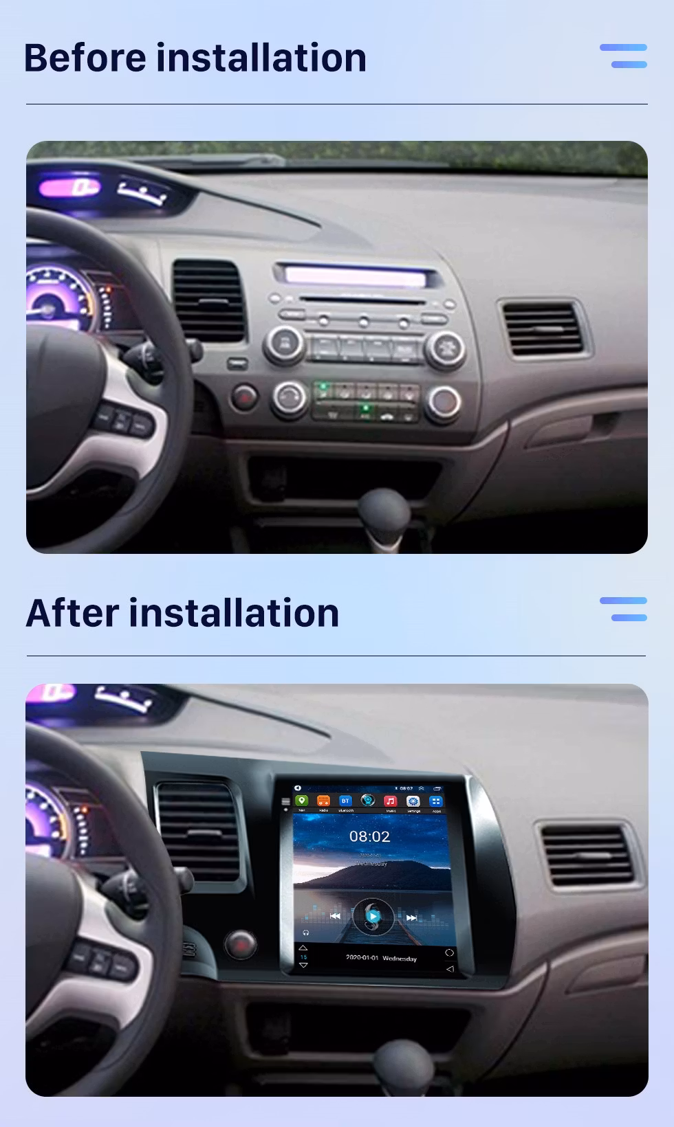 9.7" android 10 ,bilstereo Honda civic(2004--2009) gps  wifi blåtand, carplay, 32GB