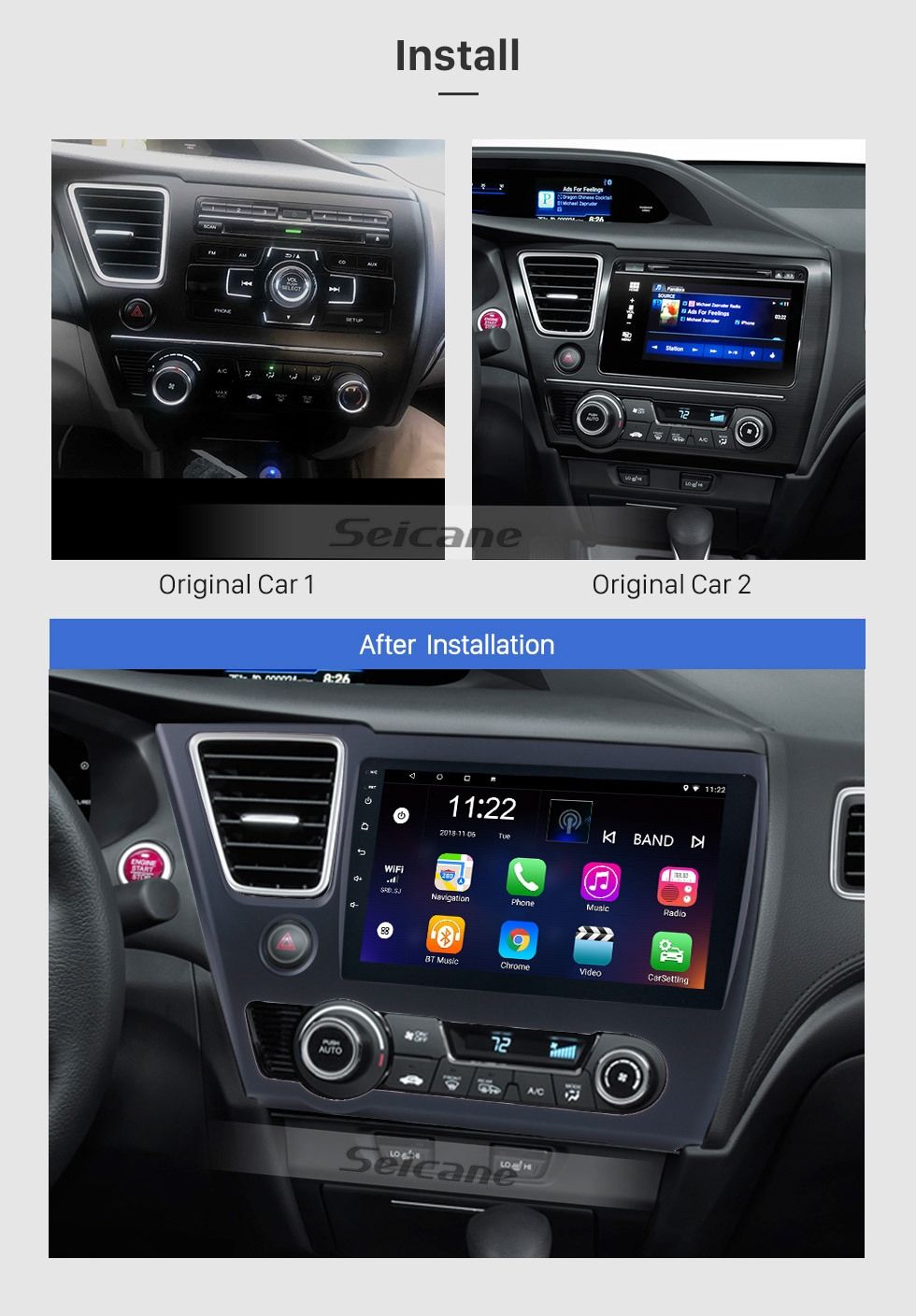 9" android 10,bilstereo  Honda civic(2014---2017) gps,wifi, 32GB, blåtand  carplay, 32GB
