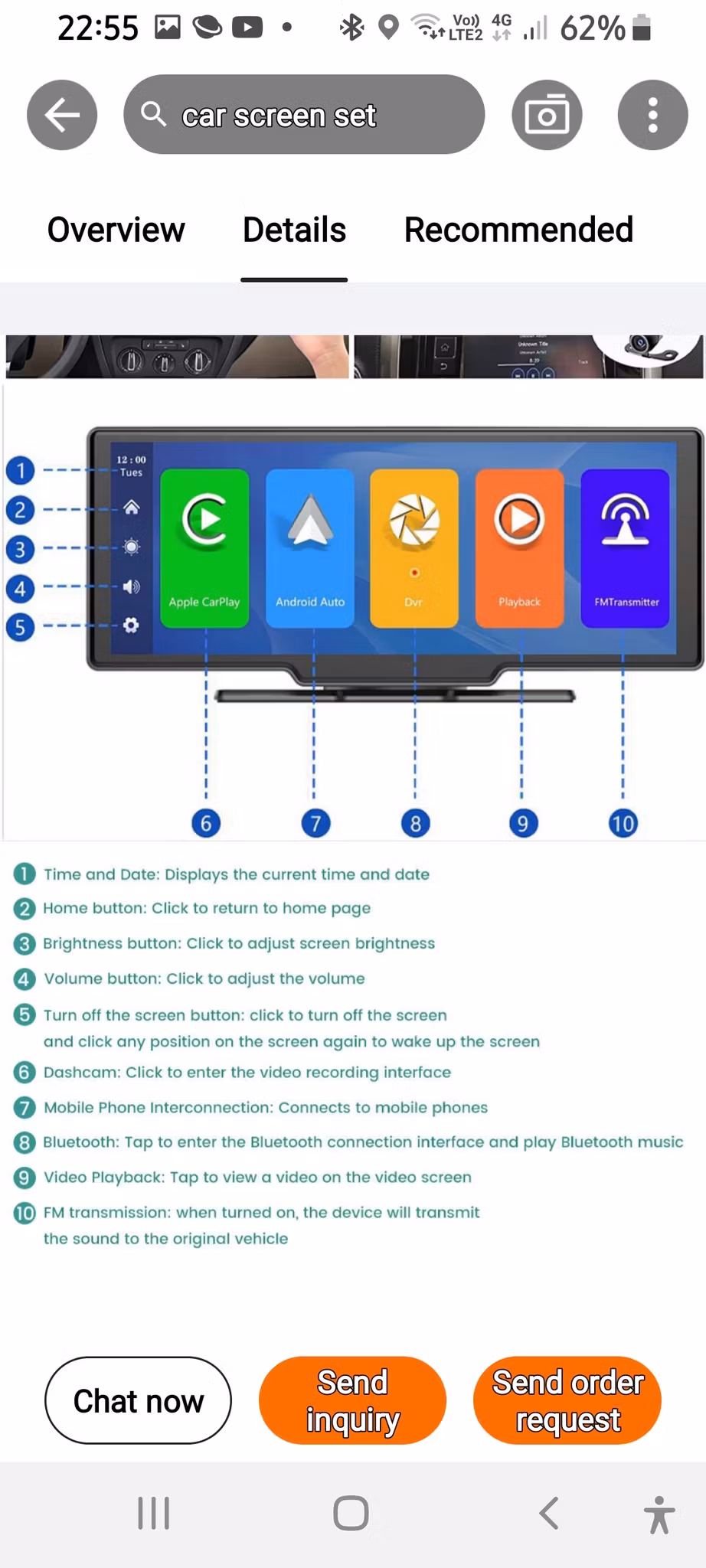 10.2"  DVR monitor  med  carplay,android auto 2 kamerasystem