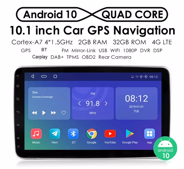10,1" android 10,  12 volt 1Din  bilstereo, wifi,gps   FM-radio radio 32gb, 4G wifi modul,  blåtand