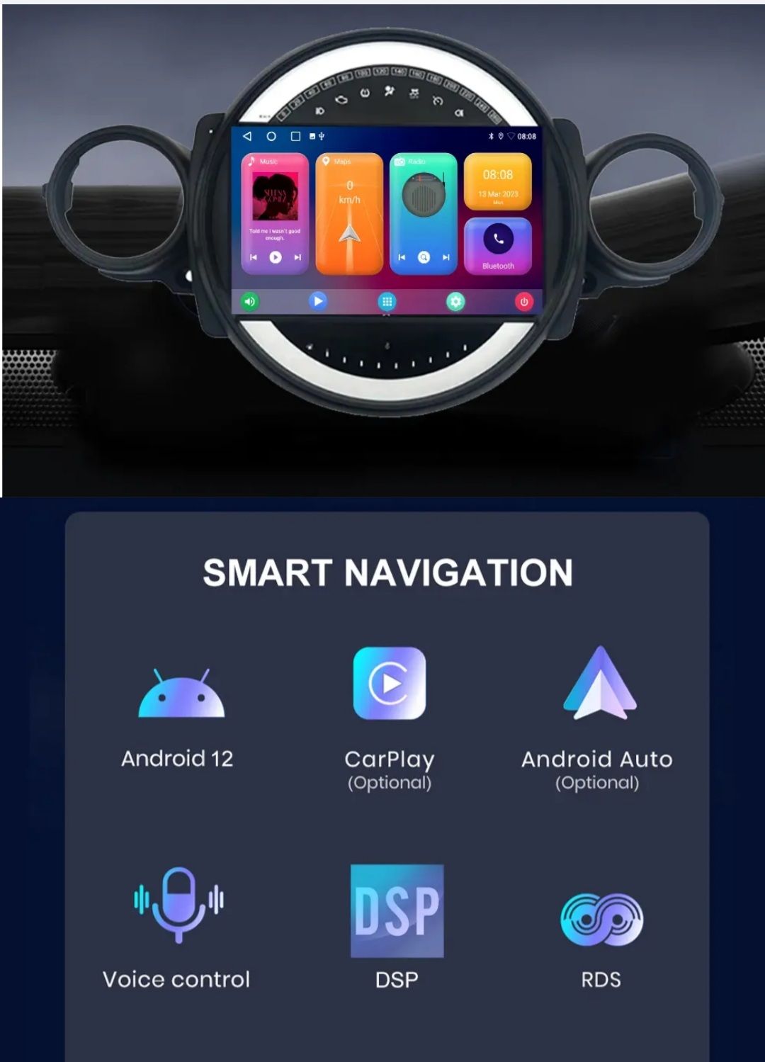 9"android 12 bilstereo  BMW MINI COOPER  R56 R6 ( 2007--2014) Gps,RDS Dsp  carplay  android  auto,blåtand   RAM: 2GB,ROM:32GB, wifi