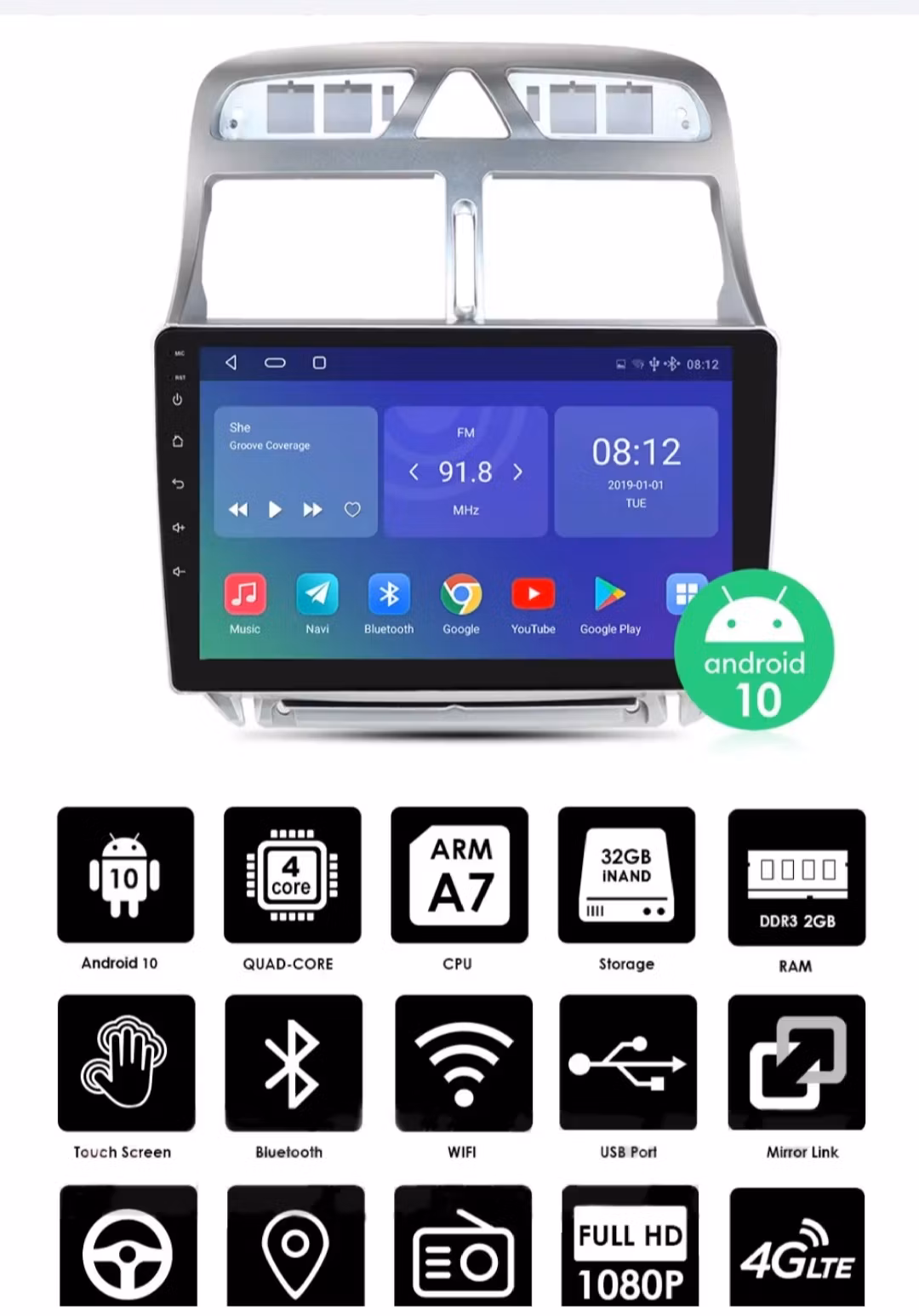 9"android 12, bil--2013)stereo  Peugeot  307 ( 2002--2013) Gps Gps wifi carplay android auto wifi blåtand rds Dsp  RAM: 8GB, ROM: 128GB  4GSIM