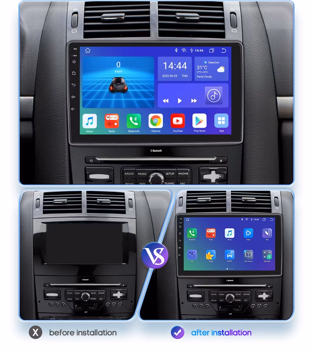 9"android 12,,bilstereo  Peugeot  407( 2004--2011) gps wifi carplay android auto blåtand rds Dsp  RAM:8GB, ROM:128GB, 4GSIM