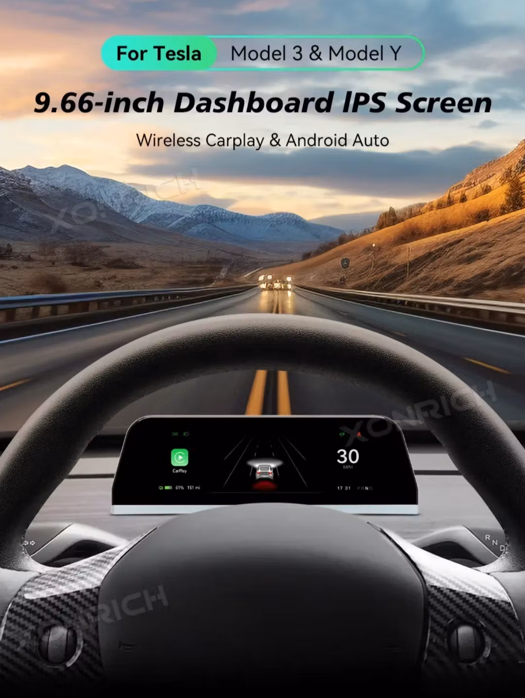 9.6" Bil LCD-instrument/monitor för Tesla Model Y/Model 3